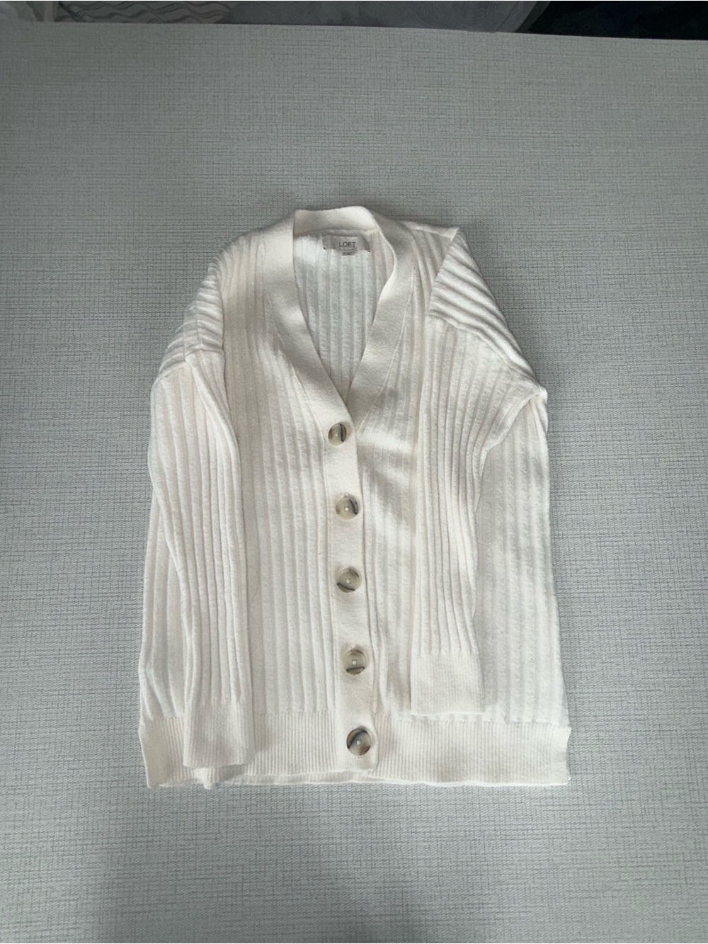 Loft Classic Ivory Ribbed Button-Front Sweater Cardigan - Picture 4 of 6